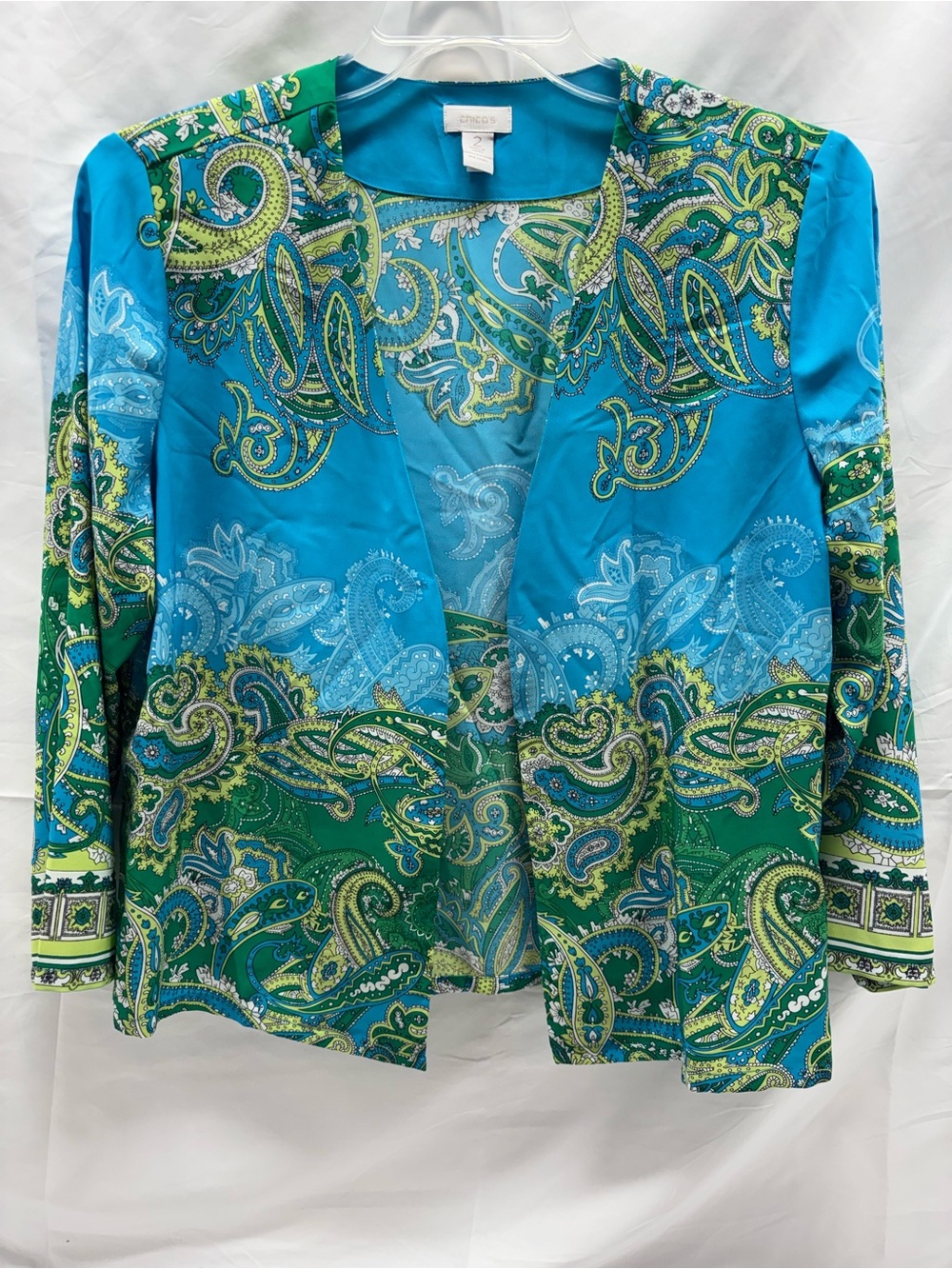 CHICO'S Open Front Jacket Sz 2 US L Blue Green Paisley Scarf Print Lightweight